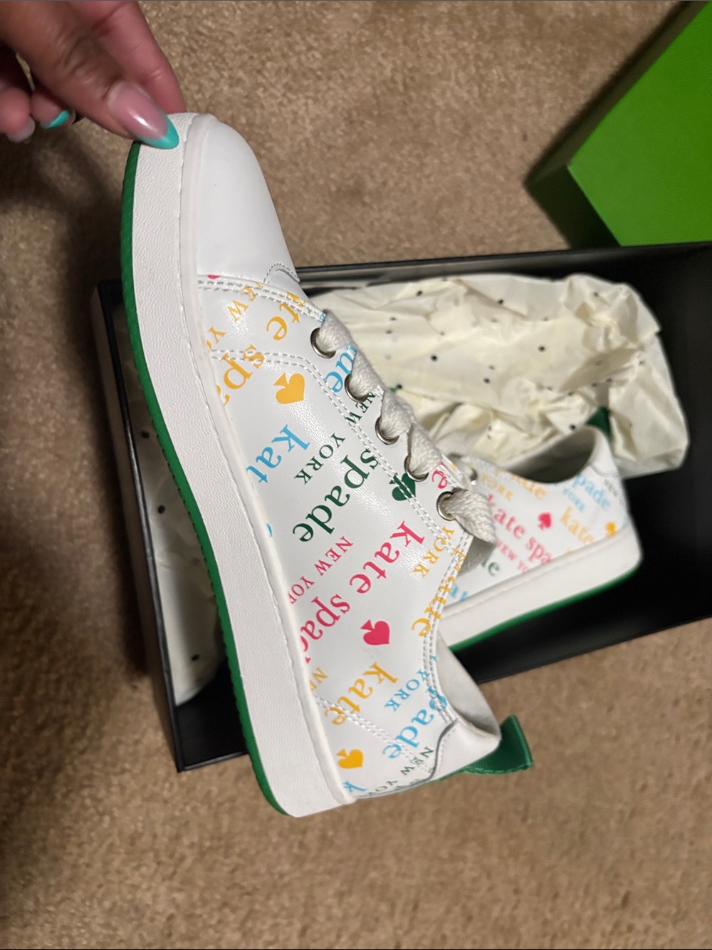 kate spade White Multicolor Logo Low-Top Sneakers with Green Trim